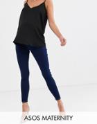 Asos Design Maternity Rivington Highwaisted Jegging In Indigo Wash With Pull On Bump Band-blue