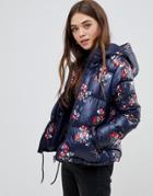 Brave Soul Heavenly Padded Coat In Floral Print - Navy