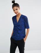 Sonia By Sonia Rykiel Crepe Leopard Print Ruched Top - Blue