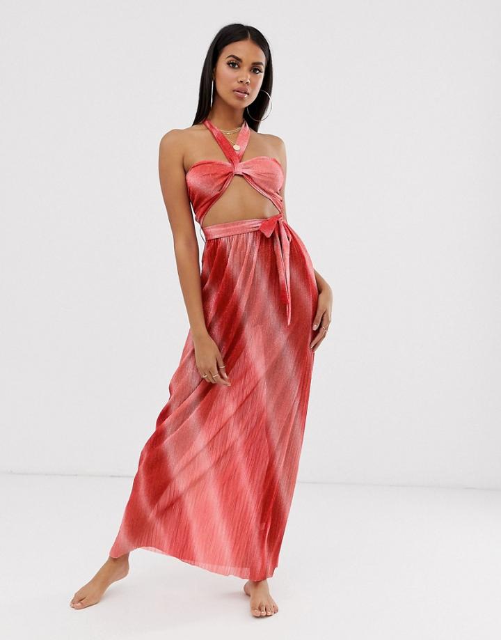 Asos Design Halter Neck Beach Maxi Dress With Cut Out Waist In Ombre Metallic Jersey Plisse - Red