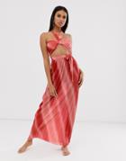 Asos Design Halter Neck Beach Maxi Dress With Cut Out Waist In Ombre Metallic Jersey Plisse - Red