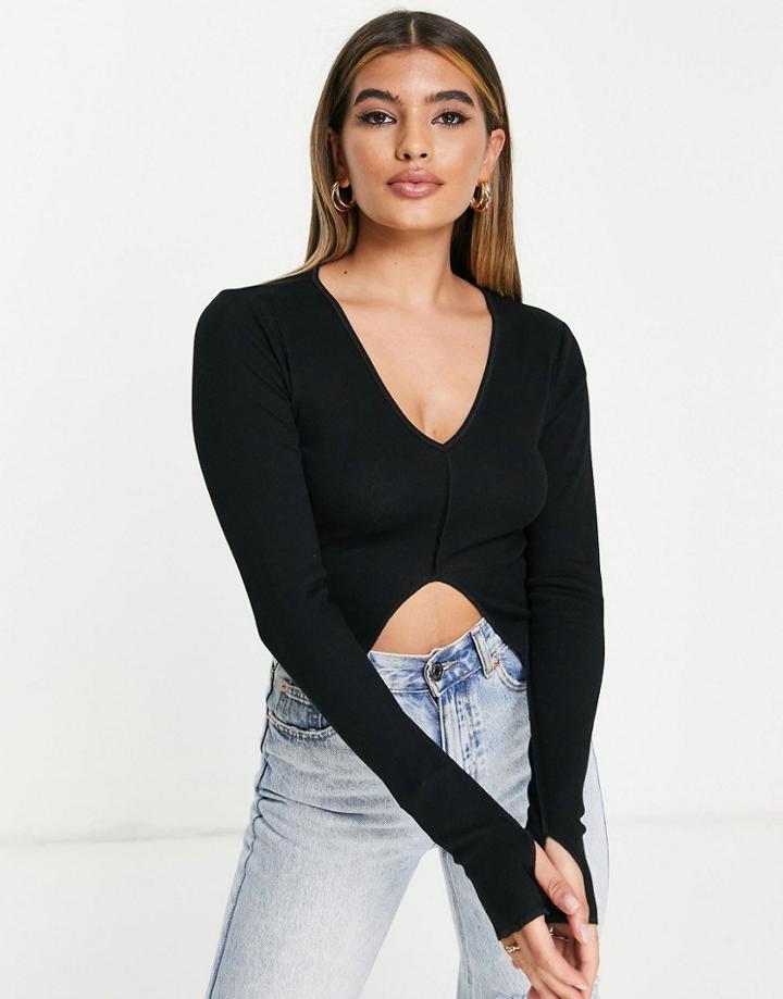Asos Design Fitted Top With Split Front With Seam Detail Rib In Black