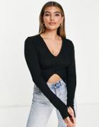 Asos Design Fitted Top With Split Front With Seam Detail Rib In Black