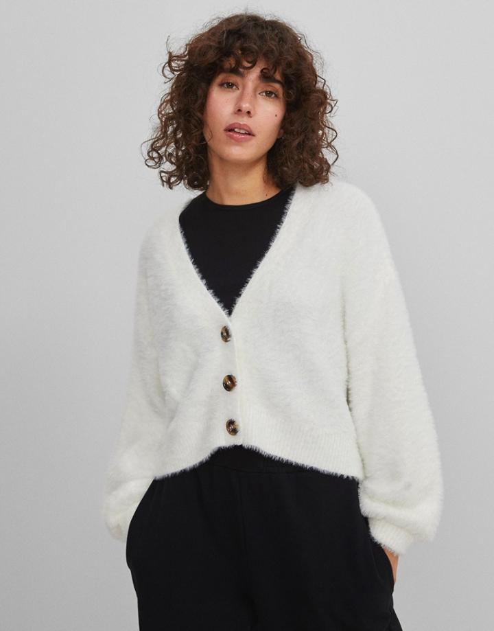 Bershka Fluffy Oversized Cardigan In Ecru-white