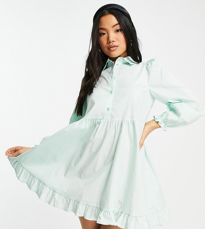 Miss Selfridge Petite Frill Hem Poplin Mini Smock Dress In Sage-green