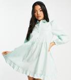 Miss Selfridge Petite Frill Hem Poplin Mini Smock Dress In Sage-green