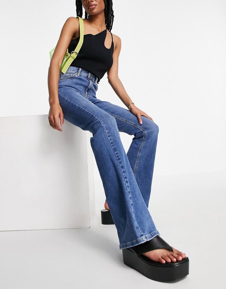 Topshop Jamie Flared Jeans In Mid Blue-blues