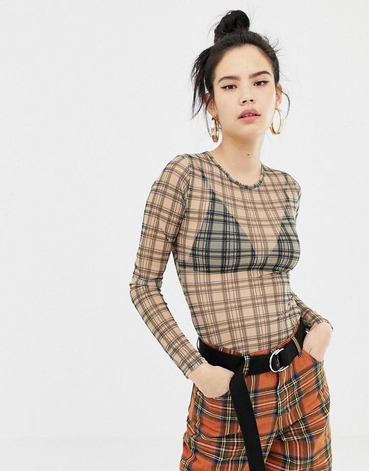 Daisy Street Long Sleeve Top In Check Mesh - Beige