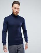 Asos Muscle Fit Merino Roll Neck Sweater In Navy - Navy