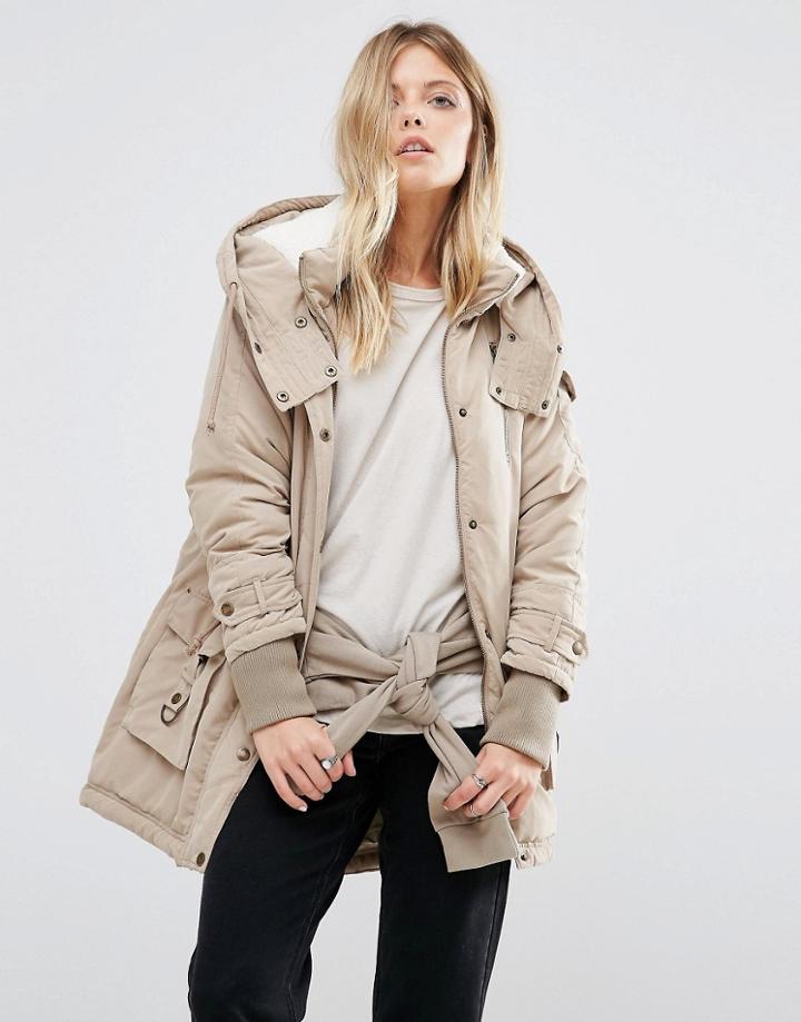 Noisy May Fishtail Hem Parka Jacket - Beige