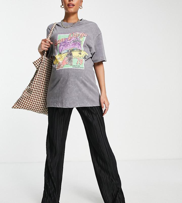 Topshop Maternity Straight Leg Plisse Pants With Slit Hems In Black