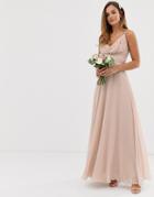 Asos Design Bridesmaid Cami Wrap Tie Waist Maxi Dress With Layered Skirt-pink