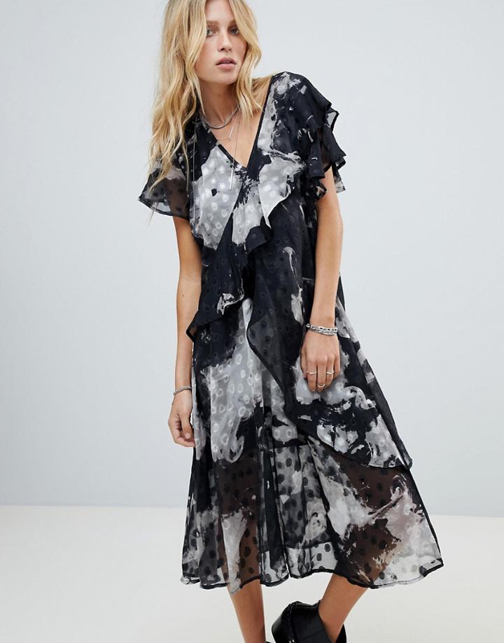 Religion Layered Midi Dress In Textured Polka Dot-gray
