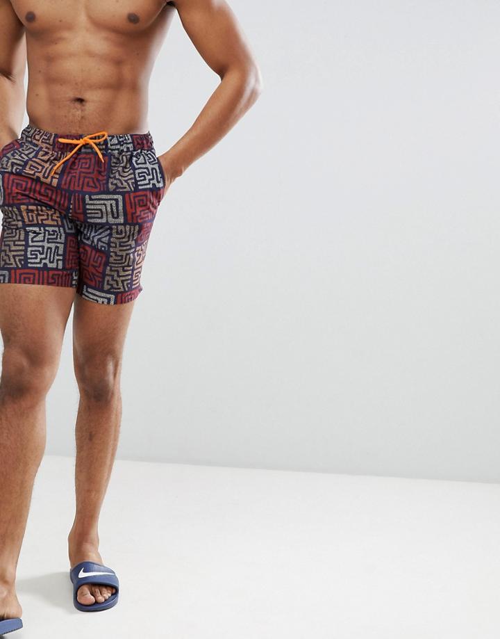Asos Design Swim Shorts With Tile Print In Mid Length - Brown
