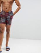 Asos Design Swim Shorts With Tile Print In Mid Length - Brown