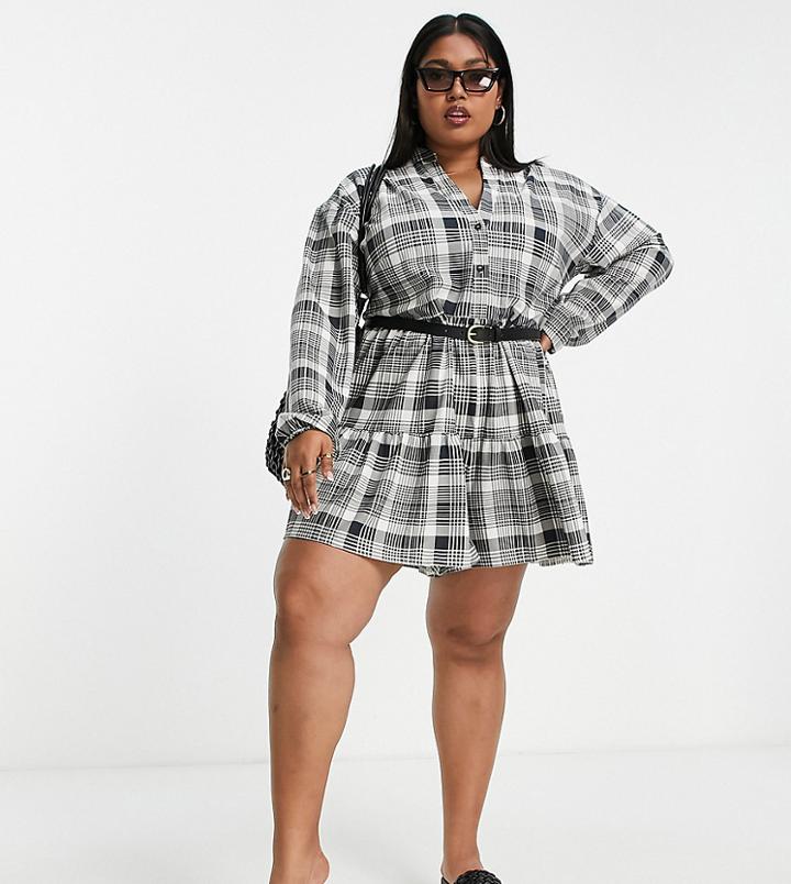 Asos Design Curve Smock Button Up Romper With Belt In Mono Plaid-multi
