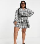Asos Design Curve Smock Button Up Romper With Belt In Mono Plaid-multi