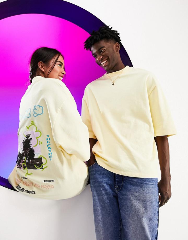 Asos Design Circular Design Unisex Short Sleeve Sweatshirt In Yellow With Back Print