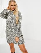 Missguided Shift Dress With High Neck In Stone Leopard-neutral