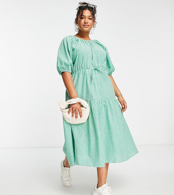 Influence Plus Puff Sleeve Tiered Midi Dress In Green Gingham
