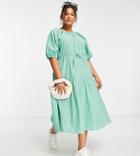 Influence Plus Puff Sleeve Tiered Midi Dress In Green Gingham