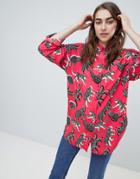 Asos Design Longline Shirt In Leopard Print - Multi