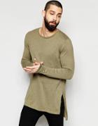 Asos Longline Side Split Sweater In Khaki - Light Khaki