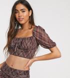 Skylar Rose Crop Top With Balloon Sleeves In Diagonal Check-red