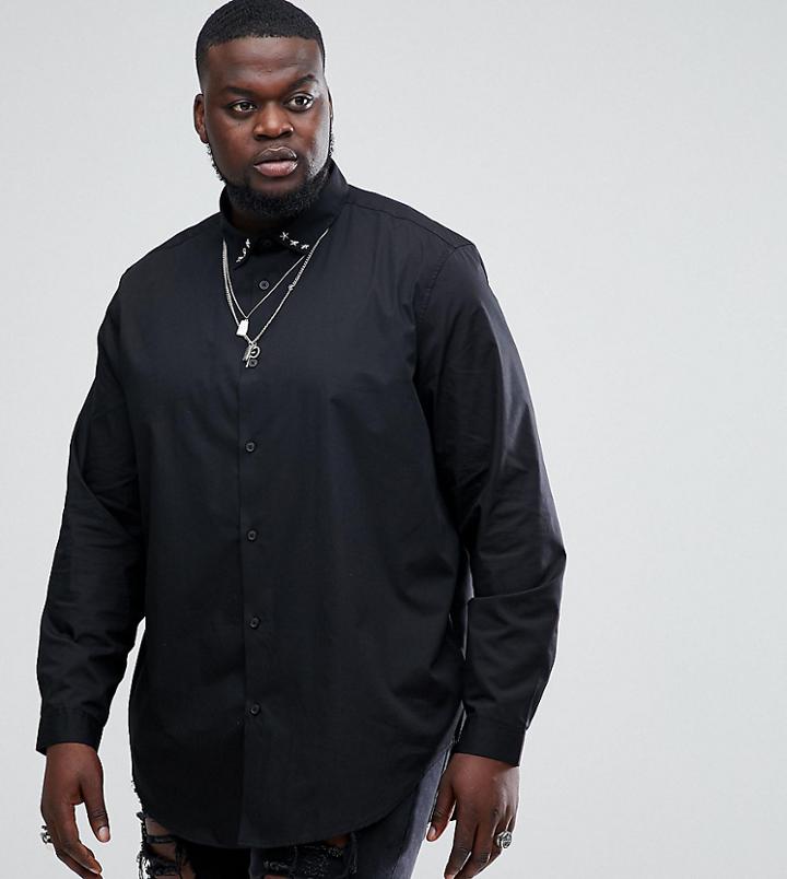 Asos Plus Regular Fit Longline Shirt With Star Studs - Black