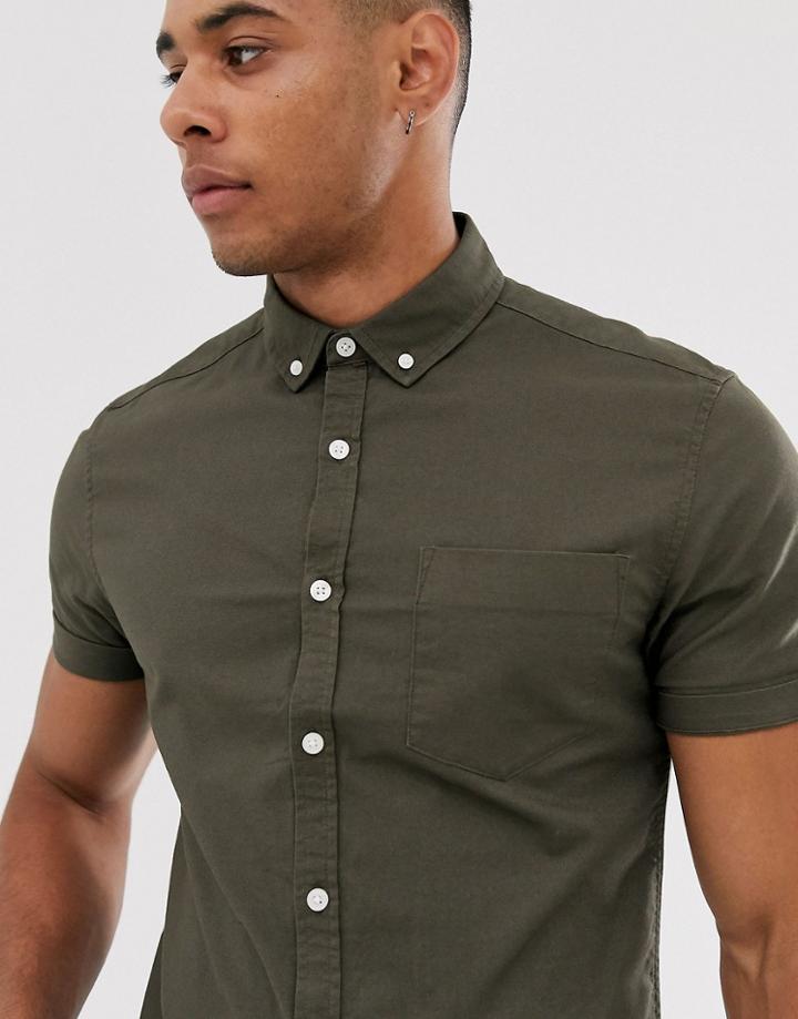 Asos Design Skinny Fit Oxford Shirt In Khaki-green