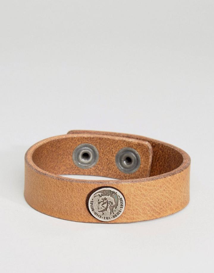 Diesel A-shoot Logo Leather Bracelet In Brown - Brown
