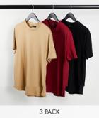 Asos Design 3-pack Organic Longline T-shirts With Side Slits-multi