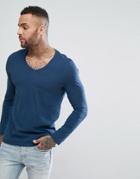 Asos Design V Neck T-shirt With Long Sleeves In Blue - Blue