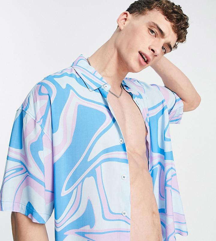Bershka Short Sleeve Wavy Print Shirt In Blue