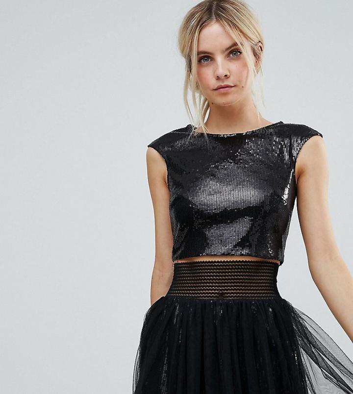 Little Mistress Petite Allover Sequin Crop Top - Black