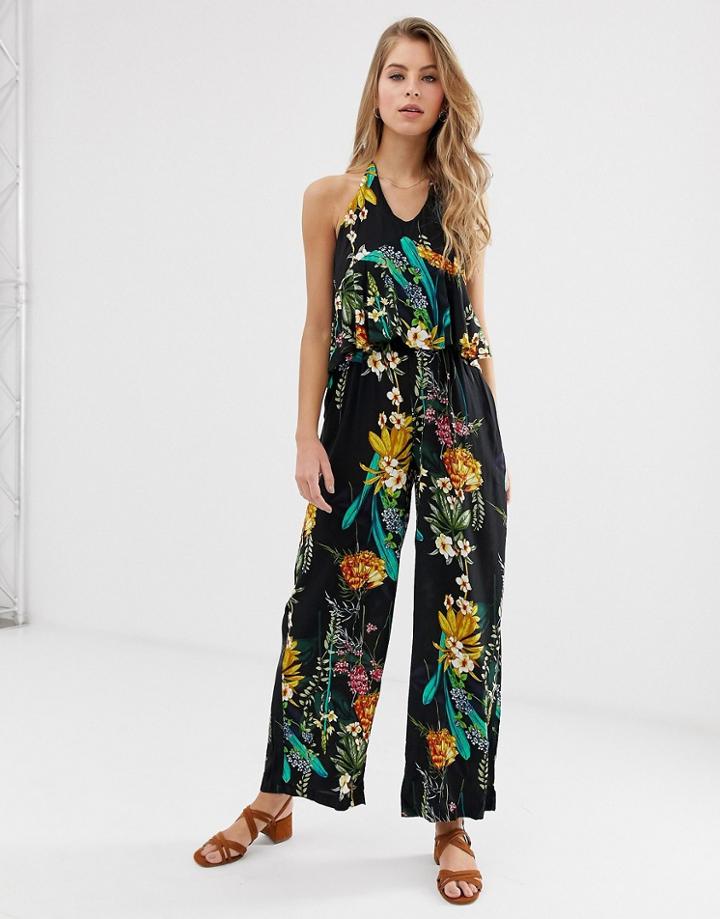 Qed London Halterneck Jumpsuit In Black Floral - Black