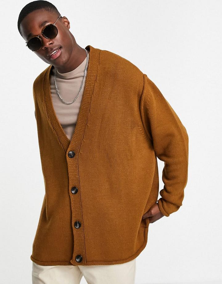 Asos Design Oversized Textured Knit Cardigan In Tan-brown