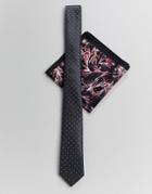 Asos Design Slim Wedding Tie In Pin Dot With Floral Pocket Square - Navy