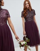 Maya High Neck Midi Tulle Dress With Tonal Delicate Sequins In Berry - Red