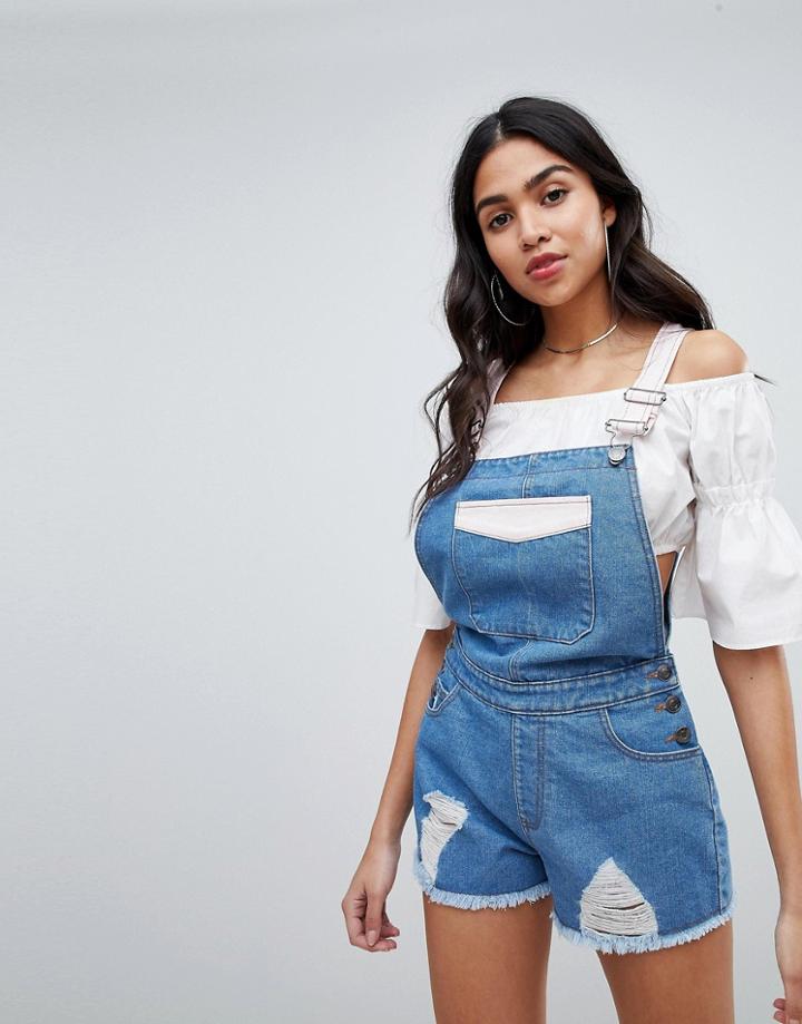 Missguided Contrast Distressed Overalls - Blue