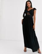 Asos Design Fuller Bust Premium Lace And Pleat Bardot Maxi Dress-black