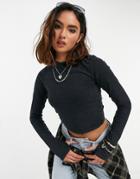 Asos Design Long Sleeve Crop Top With Thumb Hole In Washed Black-grey