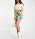 Asos Design Petite Wrap Skort In Green Check-multi