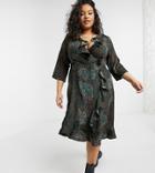 Yours Satin Wrap Dress With Ruffle Detail In Green Animal