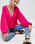 Asos Design Oversize Wrap Long Sleeve Top-pink