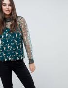 Vila Embroidered High Neck Top - Green