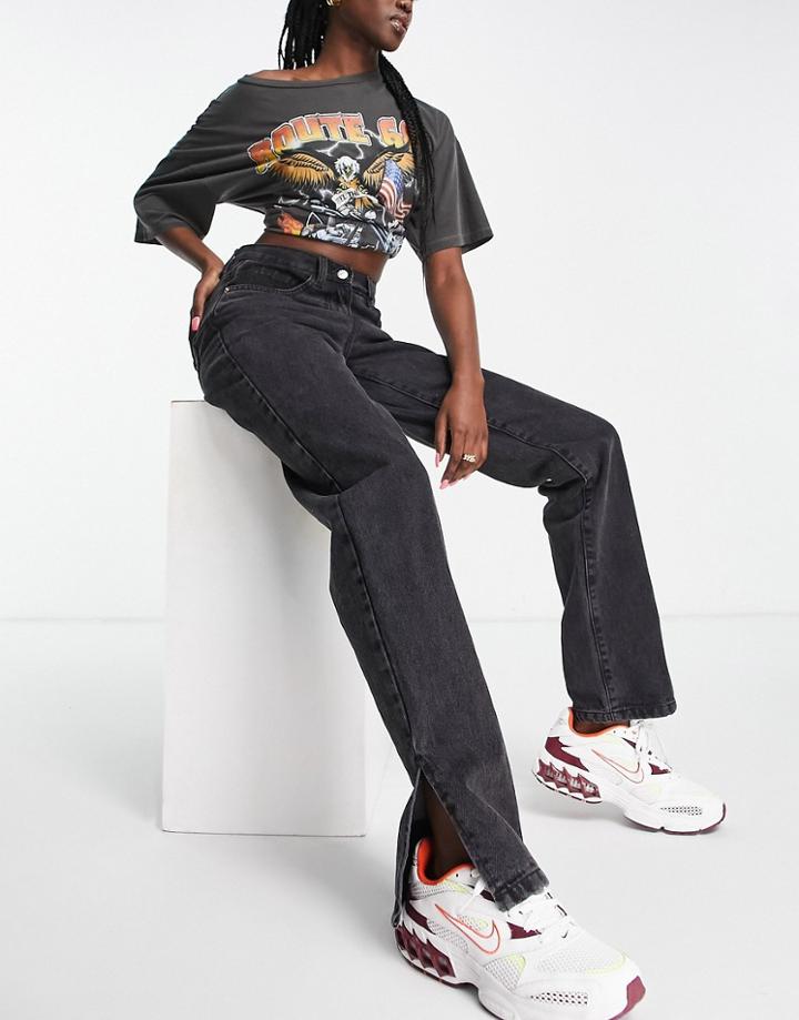 Rebellious Fashion Denim Straight Leg Side Split Jeans In Charcoal-black