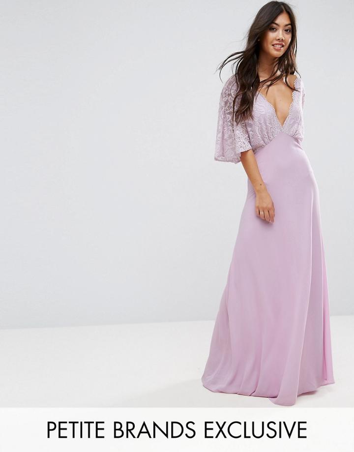 John Zack Petite Open Back Maxi Dress With Fluted Lace Sleeve - Purple