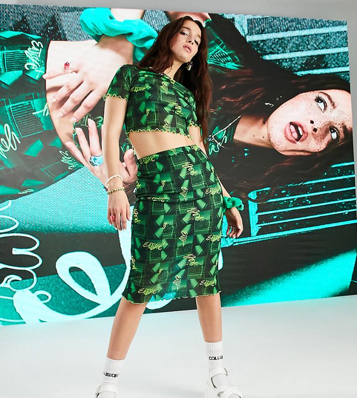 Collusion Mesh Photographic Midi Skirt In Green - Part Of A Set