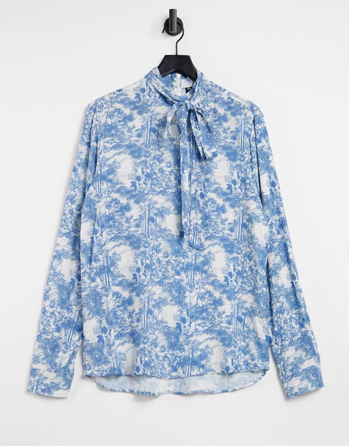 Asos Design Regular Shirt With Pussybow Neck Tie In Floral Print-blues
